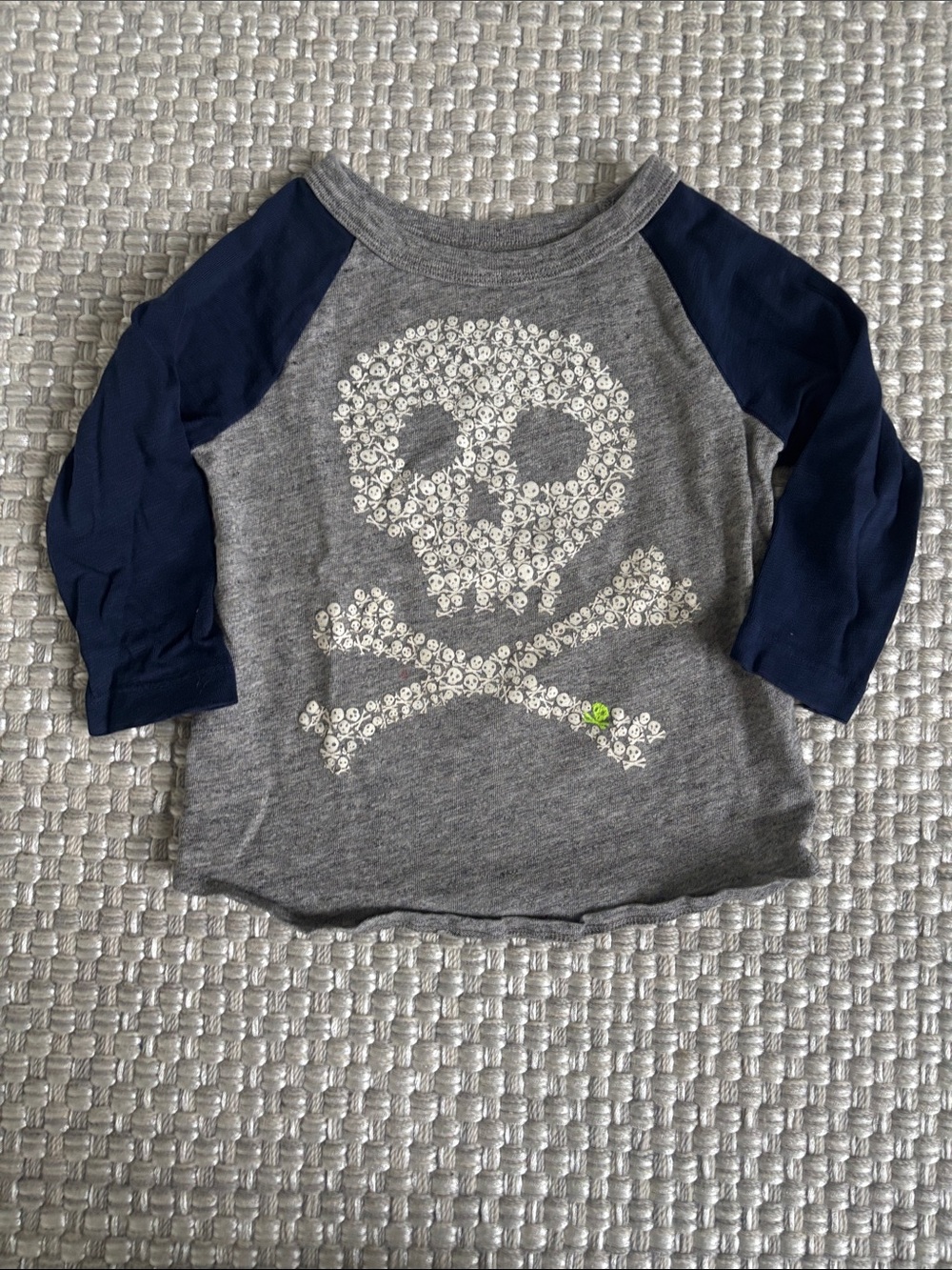 Crewcuts Grey Tee with Navy Raglan Sleeves and White Skull Graphic